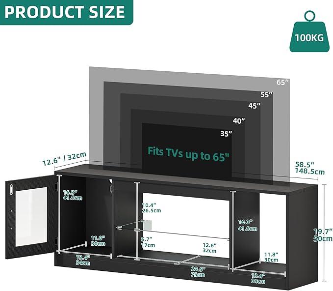 【NS】TV Cabinet Stand Unit, Modern Style TV Table for Flat Screens Up to 65 Inch, Open Adjustable Glass Storage Shelves for Living Room, Gaming, Entertainment Room, Hallway, Bedroom