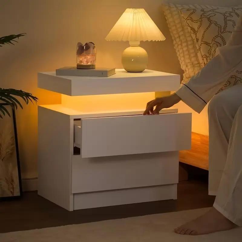 Modern LED Bedside Table with RGB Lights App & Remote Control, Lift‑Top Hidden Storage 2 Drawers High Gloss Nightstand, USB Powered Side Cabinet for Bedroom Living Room, Self‑Assembly