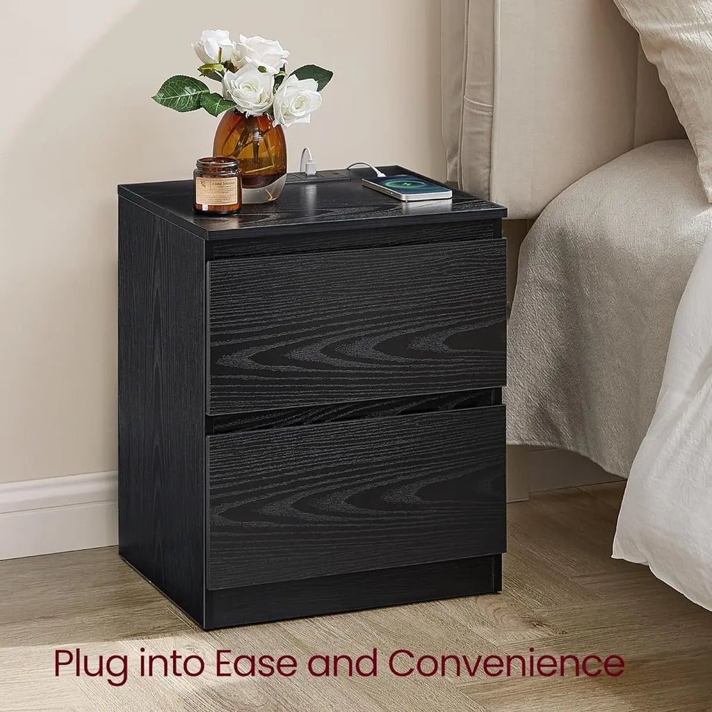 VASAGLE Nightstands with Charging Station, Bedside Tables with 2 Drawers, Side End Tables, 2 AC Outlets, 2 USB Ports, for Living Room, Bedroom, Study, Modern