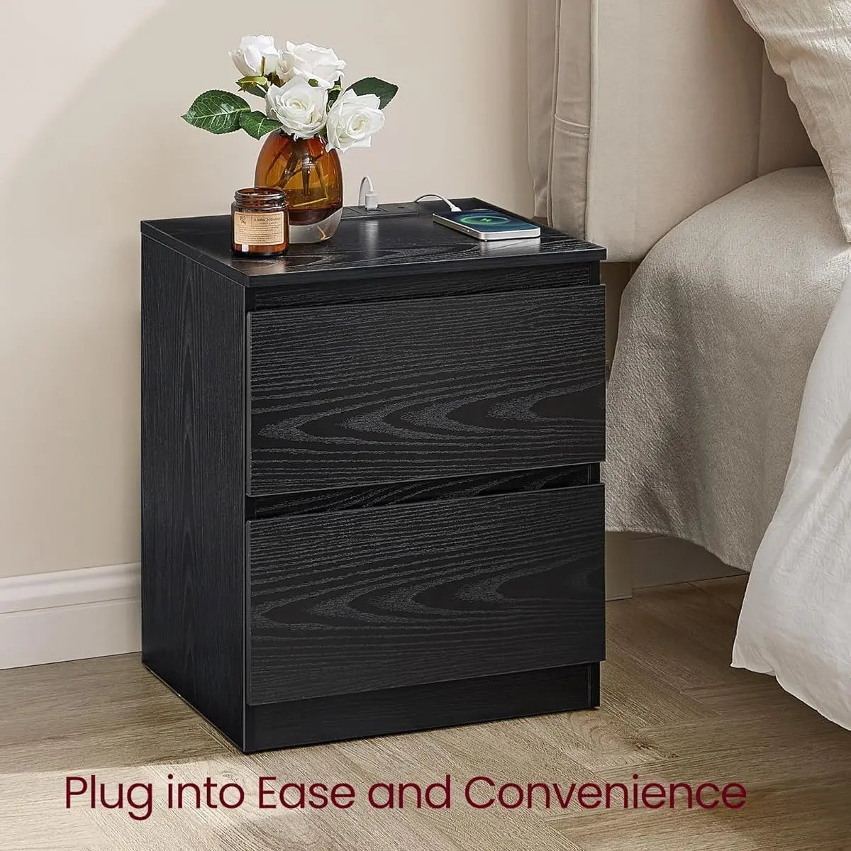 VASAGLE Nightstands with Charging Station, Bedside Tables with 2 Drawers, Side End Tables, 2 AC Outlets, 2 USB Ports, for Living Room, Bedroom, Study, Modern