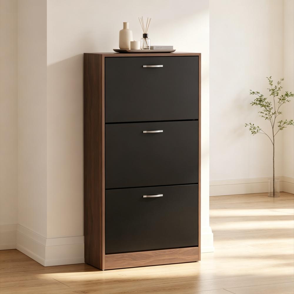 Pull-Down Wooden Shoe Storage Cabinet | 3-Tier Slim Shoe Organiser with Drop-Down Drawers, Multifunctional Dust-Proof Space-Saving Cupboard for Hallway, Entryway, Porch | Walnut & White Finish [Plus A Free Gift]