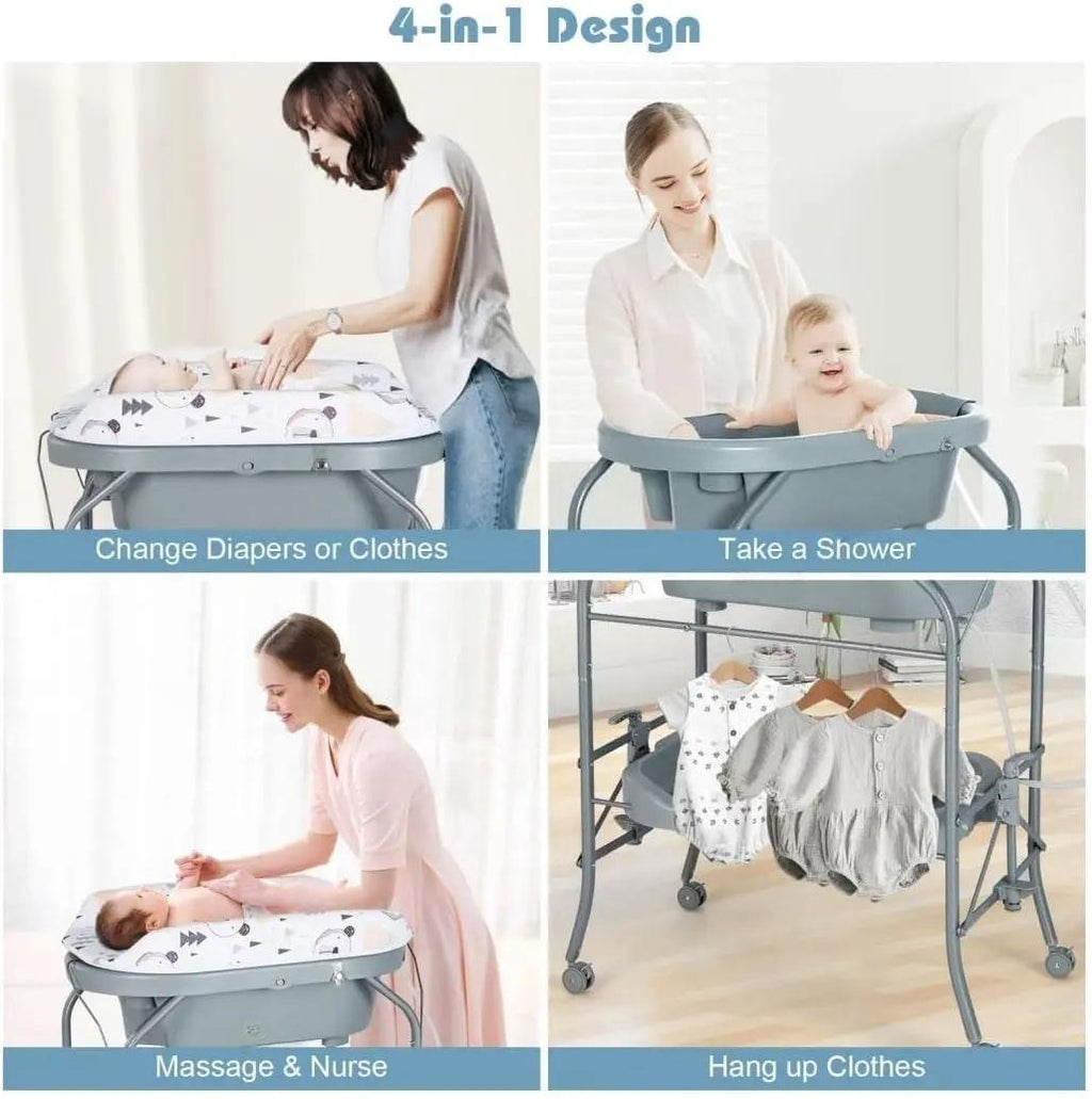 `4‑in‑1 Folding Baby Changing Table, Portable Infant Nursery Station with Built‑in Bath Tub, 4 Universal Rolling Wheels, PVC Changing Pad & Storage Tray, Newborn Massage Diaper Organizer Table`