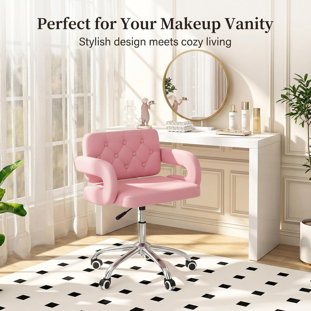 Faux Leather Swivel Office Chair, Height Adjustable Ergonomic Desk Chair, Vanity Chairs Lumbar Support and C-Armrests for Office Bedroom Living Room, Pink