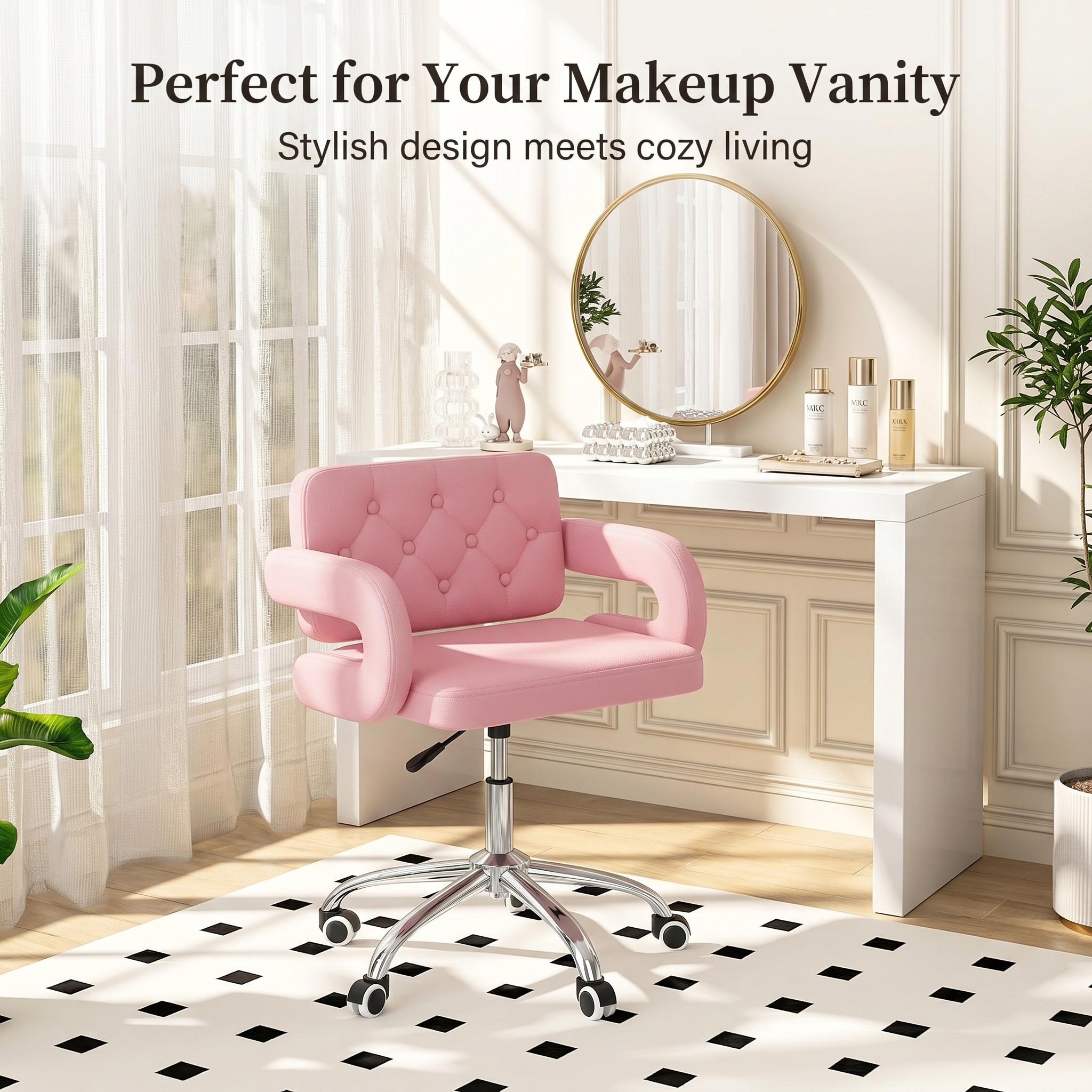 Faux Leather Swivel Office Chair, Height Adjustable Ergonomic Desk Chair, Vanity Chairs Lumbar Support and C-Armrests for Office Bedroom Living Room, Pink