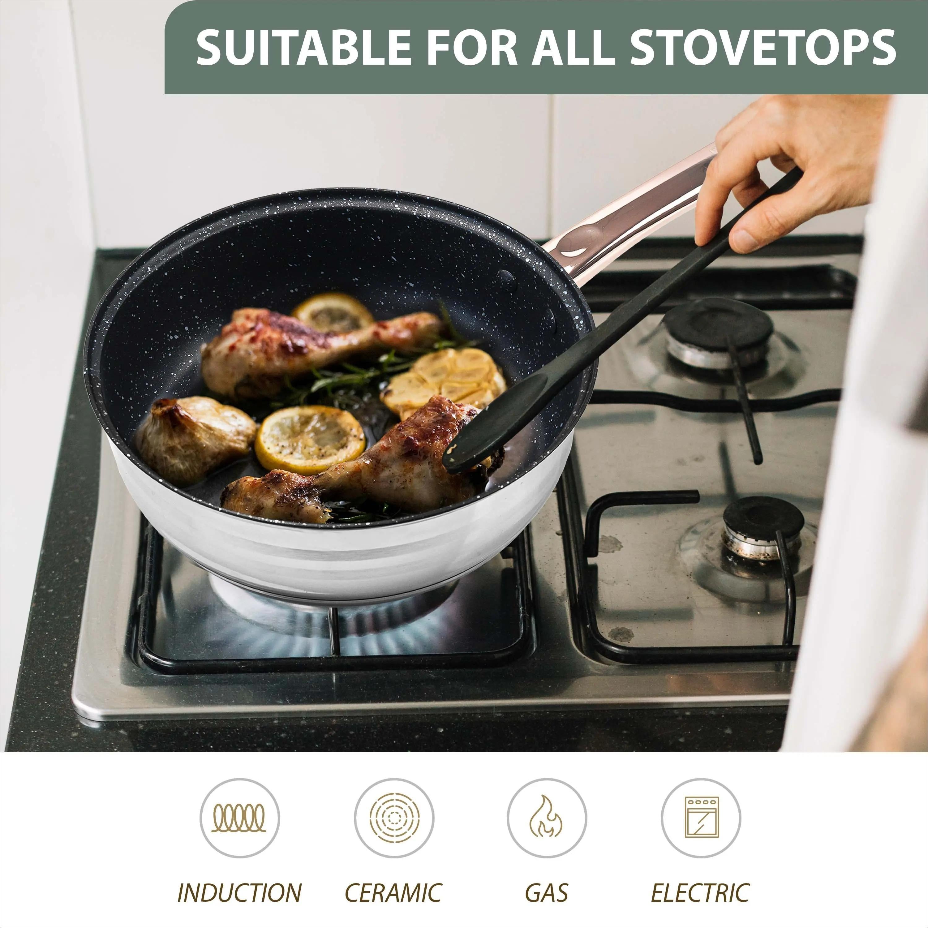 12‑Piece Stainless Steel Cookware Set with Glass Lids, Non‑Stick Casserole & Stockpot, Rose Gold Handles, Induction Compatible Kitchen Cooking Pots Set