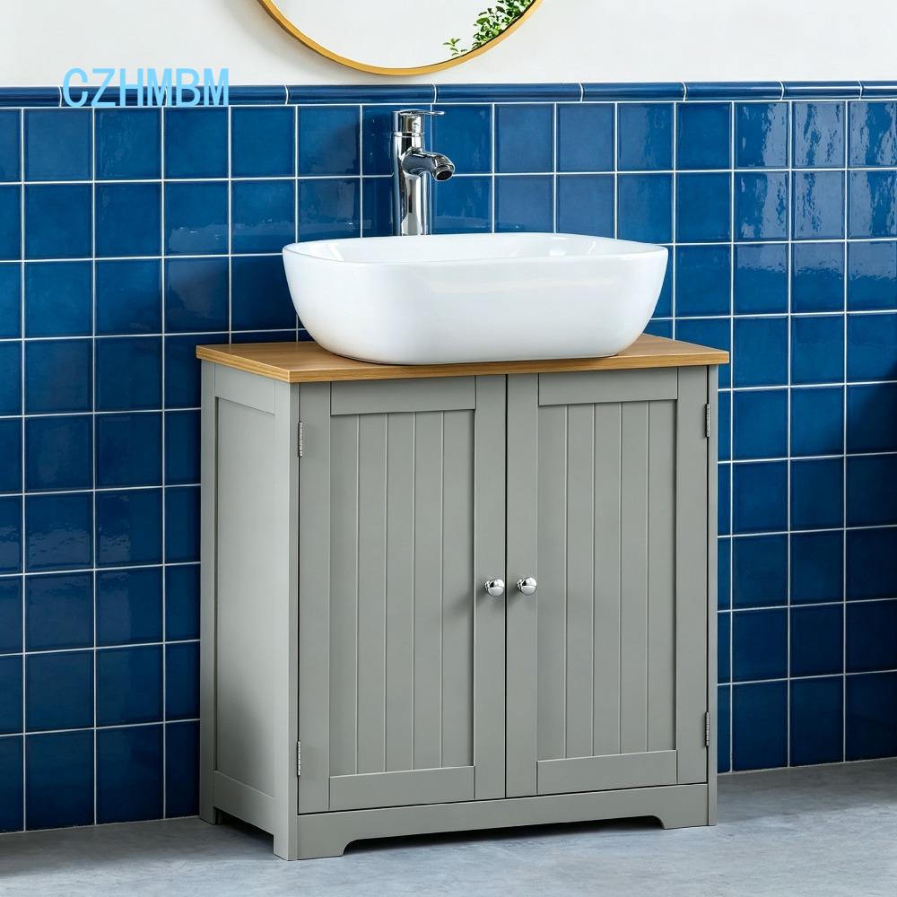 Under Sink Bathroom Cabinet Floor Standing Storage Unit, Grey and Oak Finish for Basin [Plus A Free Gift]