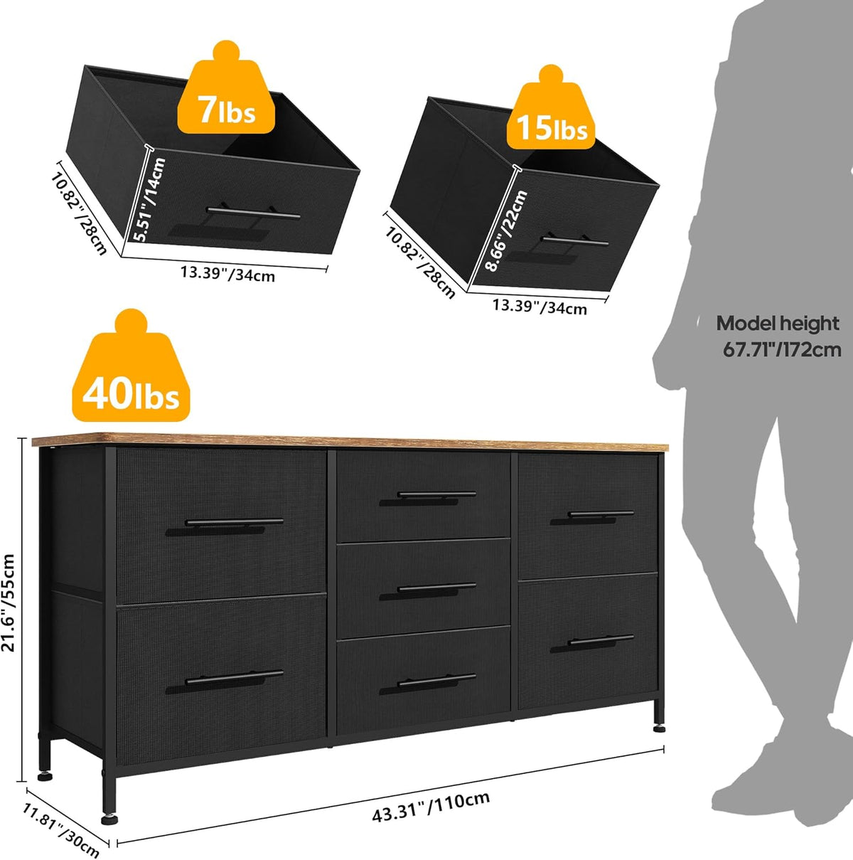 Black 7 Fabric Drawer Chest of Drawers Dresser TV Stand on Castors Metal Frame Wooden Top Storage Organizer Bedroom Living Room