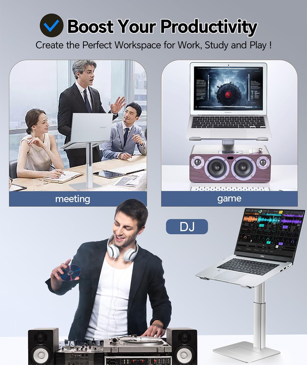 Adjustable Laptop Stand for Desk, DJ Laptop Riser, Standing Desk Converter, Support Working on Computer Sitting/Standing, Compatible with MacBook, Dell, HP and All 13"-16.5" Notebooks, Silver