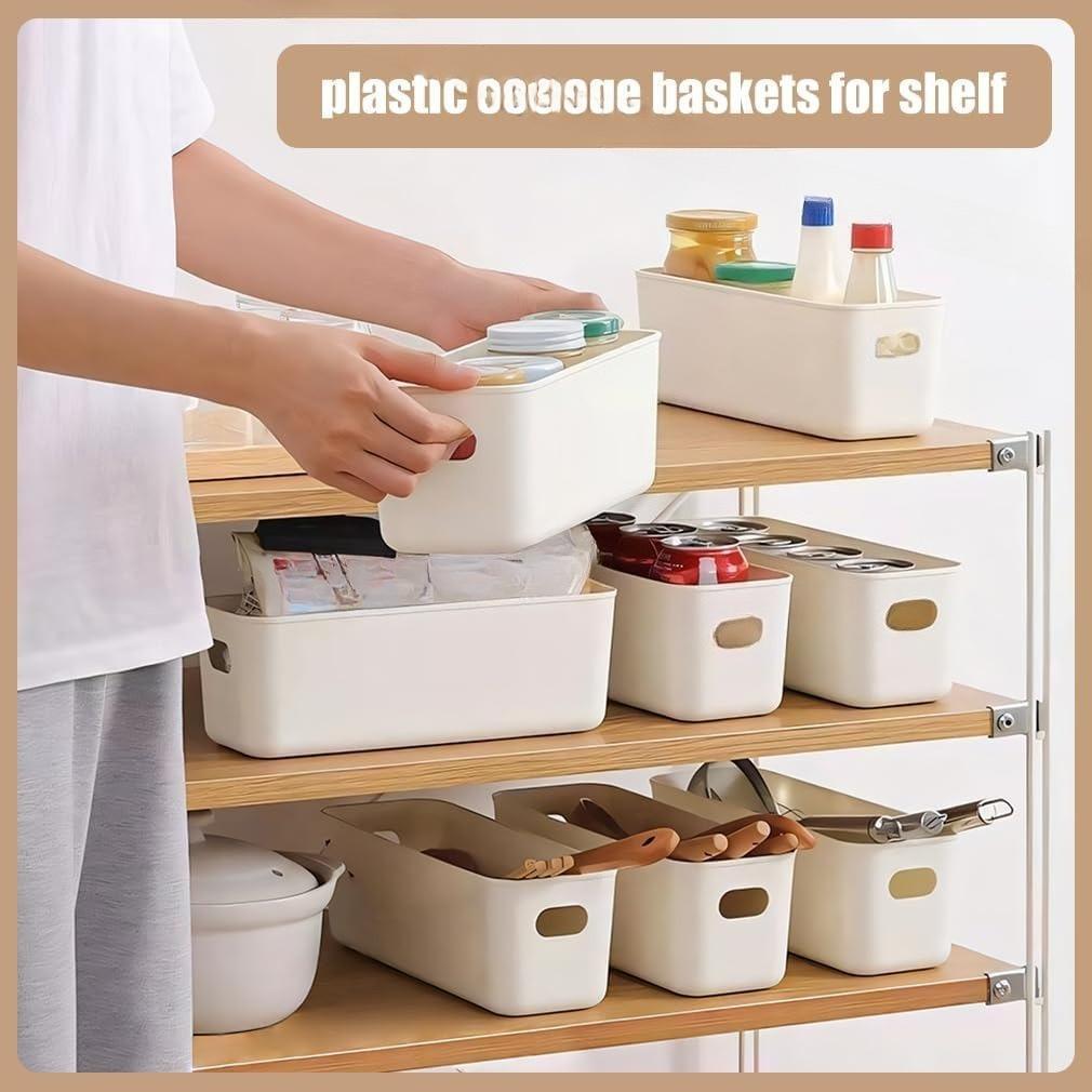8 pack Narrow Storage Box, Plastic Storage Baskets for Shelves, Slim Kitchen Cupboard Organiser Storage Boxes for Bathroom Cabinet, Drawers, Desktop Organisation, 10 cm Wide Rectangle,White