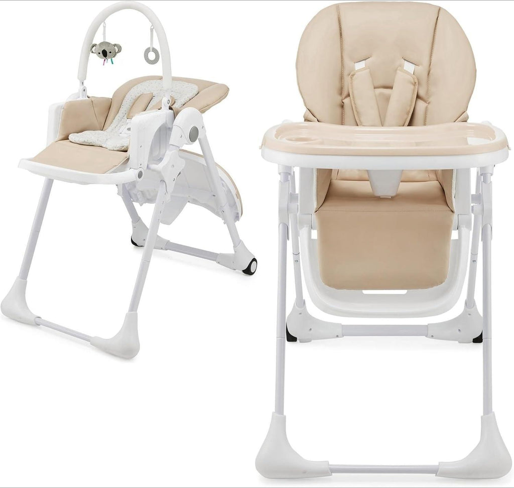 2-in-1 Baby High Chair & Bouncer from Birth, Fold-Flat Convertible Highchair with 7 Height Levels, 4 Recline Positions, Newborn Insert, 3-Position Adjustable Tray, 5-Point Safety Harness, Lockable Wheels & Detachable Toy Bar for Infant Toddler Feeding Pla