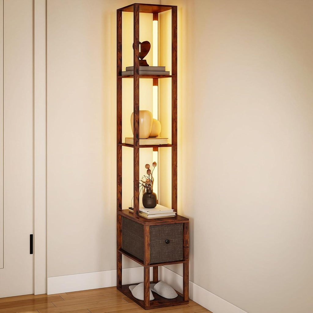 Modern Column Floor Lamp, LED Standing Lamp with Multi‑Tier Storage Shelves & Fabric Drawer, 3‑Level Adjustable Brightness with Foot Switch, Tall Display Lamp for Living Room, Bedroom, Study & Home Office