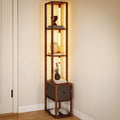 Modern Column Floor Lamp, LED Standing Lamp with Multi‑Tier Storage Shelves & Fabric Drawer, 3‑Level Adjustable Brightness with Foot Switch, Tall Display Lamp for Living Room, Bedroom, Study & Home Office