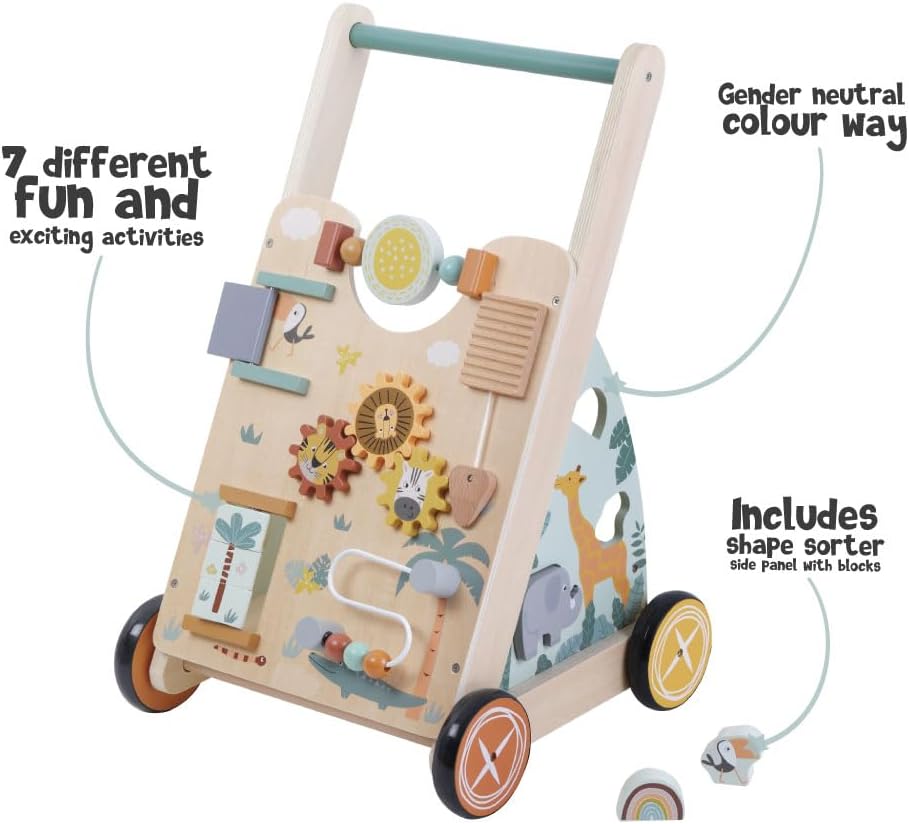 Wooden Baby Push‑Along Activity Walker, Toddler Learning Walker with Multi‑Sensory Early Developmental Toys, Ideal for Boys and Girls, 18 Months+