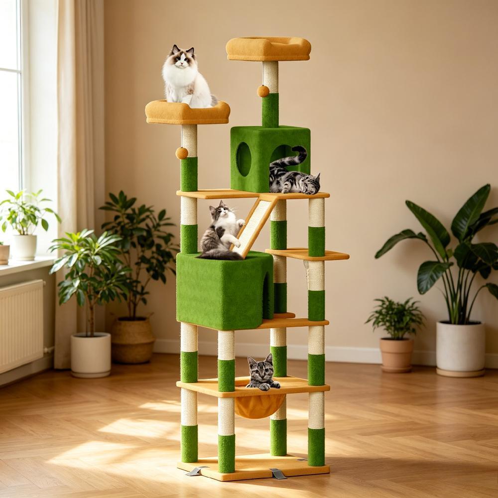 208cm Extra Large Cat Tree, Multi-level Scratching Post Climbing Tower with Hammock Basket, Activity Centre for Playful Cats [Plus A Free Gift]