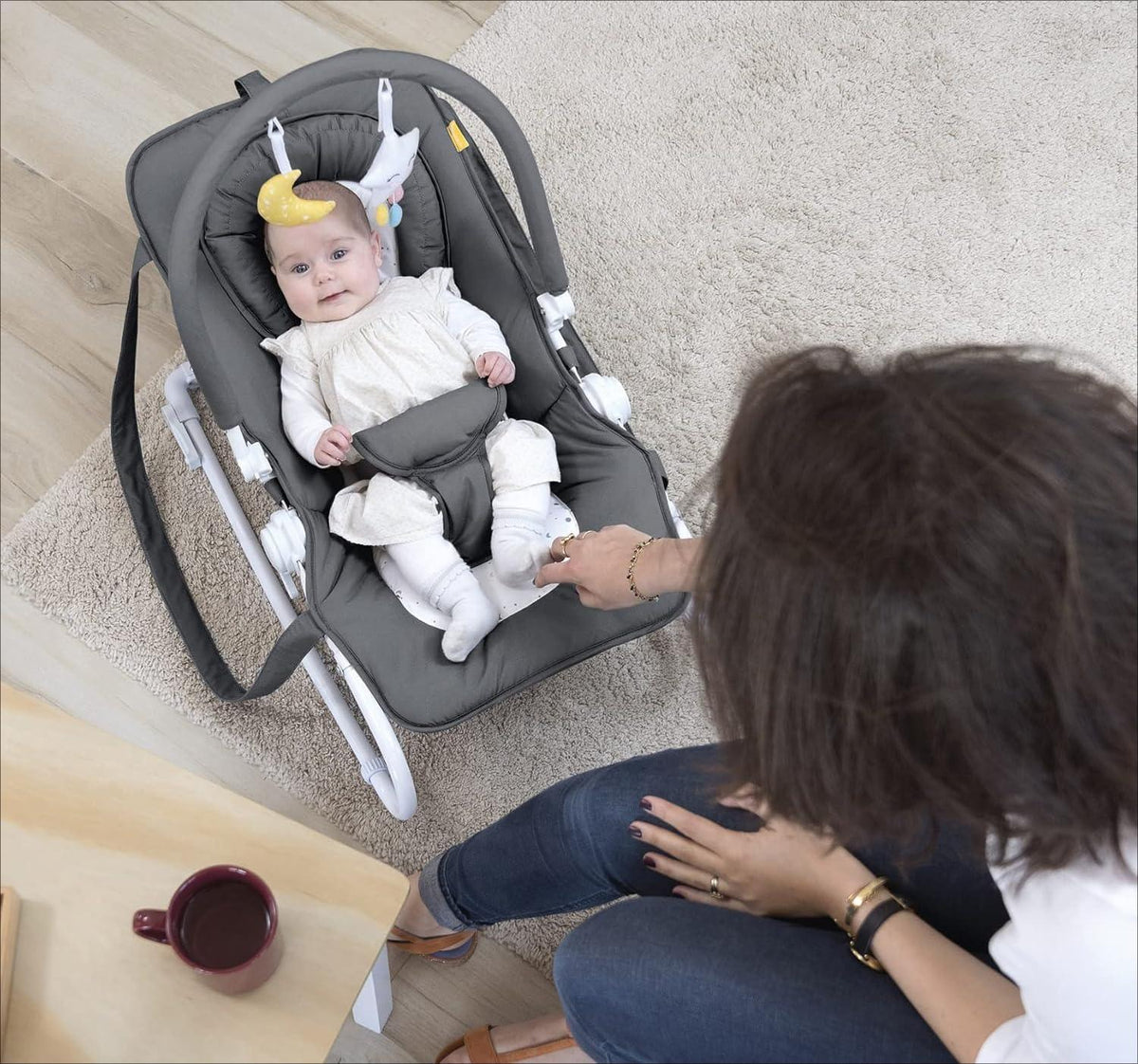 2-in-1 Fixed Rocking Baby Bouncer Chair, 5-Position Adjustable Backrest, Detachable Headrest, Portable Infant Rocker Seat for Newborns