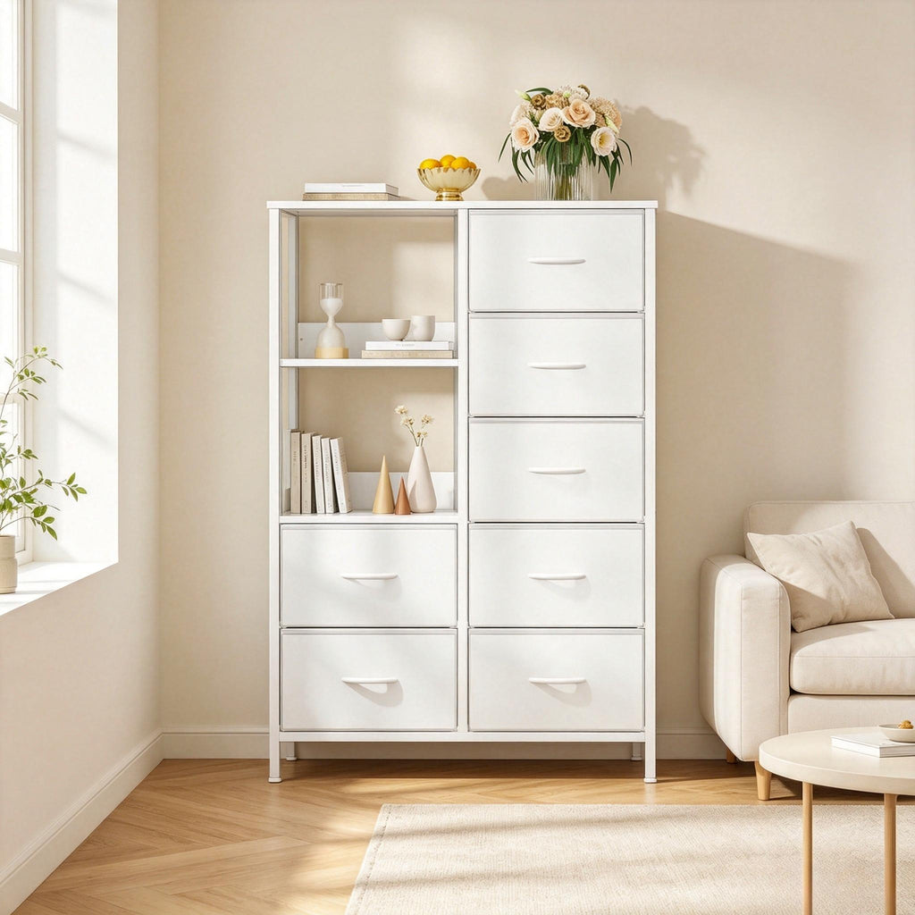 7-Drawer Fabric Storage Tower with Steel Frame & Wood Top Easy-Pull Handles for Bedroom Hallway Entryway & Closet Spacious Multi-Zone Storage Modern Aesthetic Lightweight & Easy to Relocate