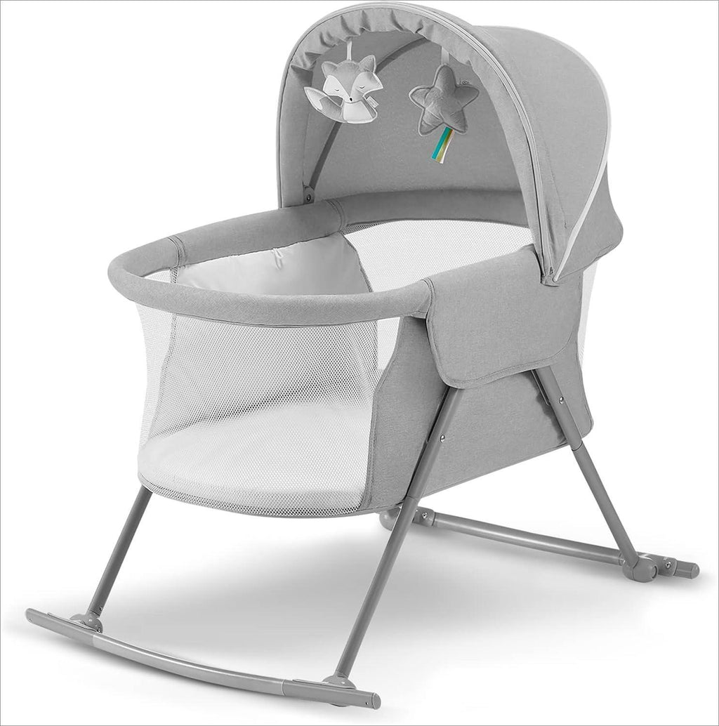 3-in-1 Foldable Baby Crib with Adjustable Canopy, Mattress Cover, Toys & Carry Bag - for Newborns 0-9kg, Gray - Compact & Portable Design