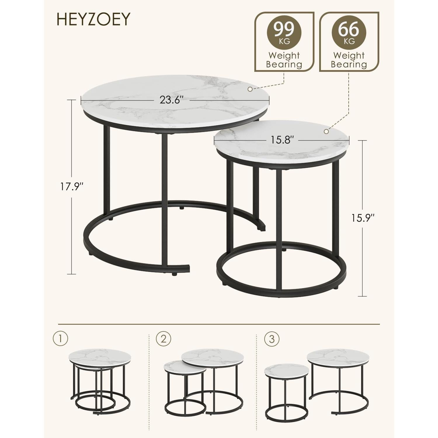 Elegant Round Nesting Coffee Tables –  Removable End Tables with Gold Metal Frame Legs & Marble Tops | Perfect for Living Room, Bedroom, Office & Balcony