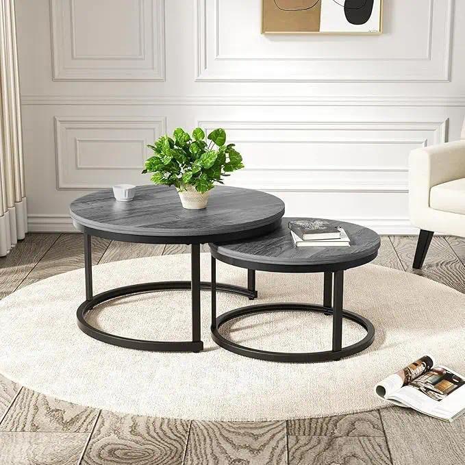 Set of 2 Round Nesting Coffee Tables Multi-Functional Side End Table with Sturdy Metal Frame Space Saving Accent Furniture for Living Room Bedroom Apartment Modern Industrial Minimalist Style