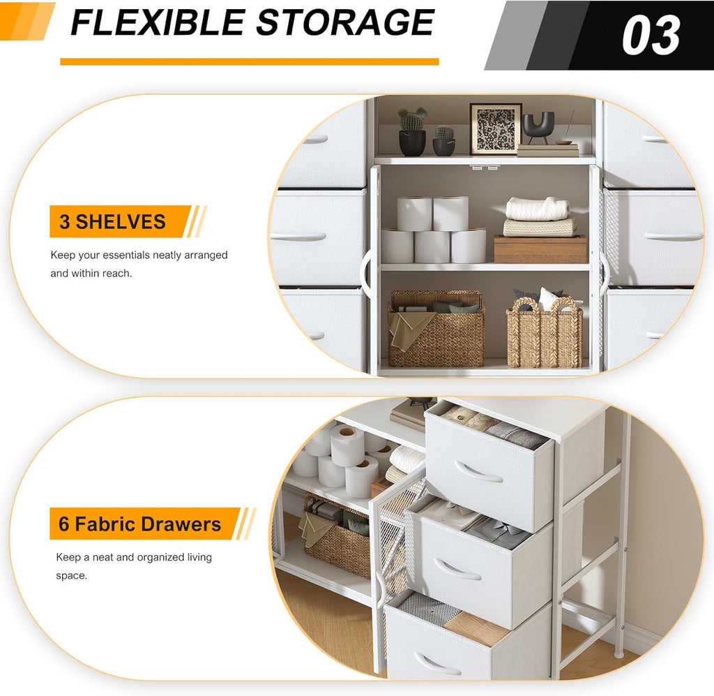 Fabric Storage Dresser with 6 Drawers, Sturdy Metal Frame Organizer Chest, Wooden Top & Mesh Cabinet Design, Versatile Home Furniture for Bedroom Living Room Hallway Entryway