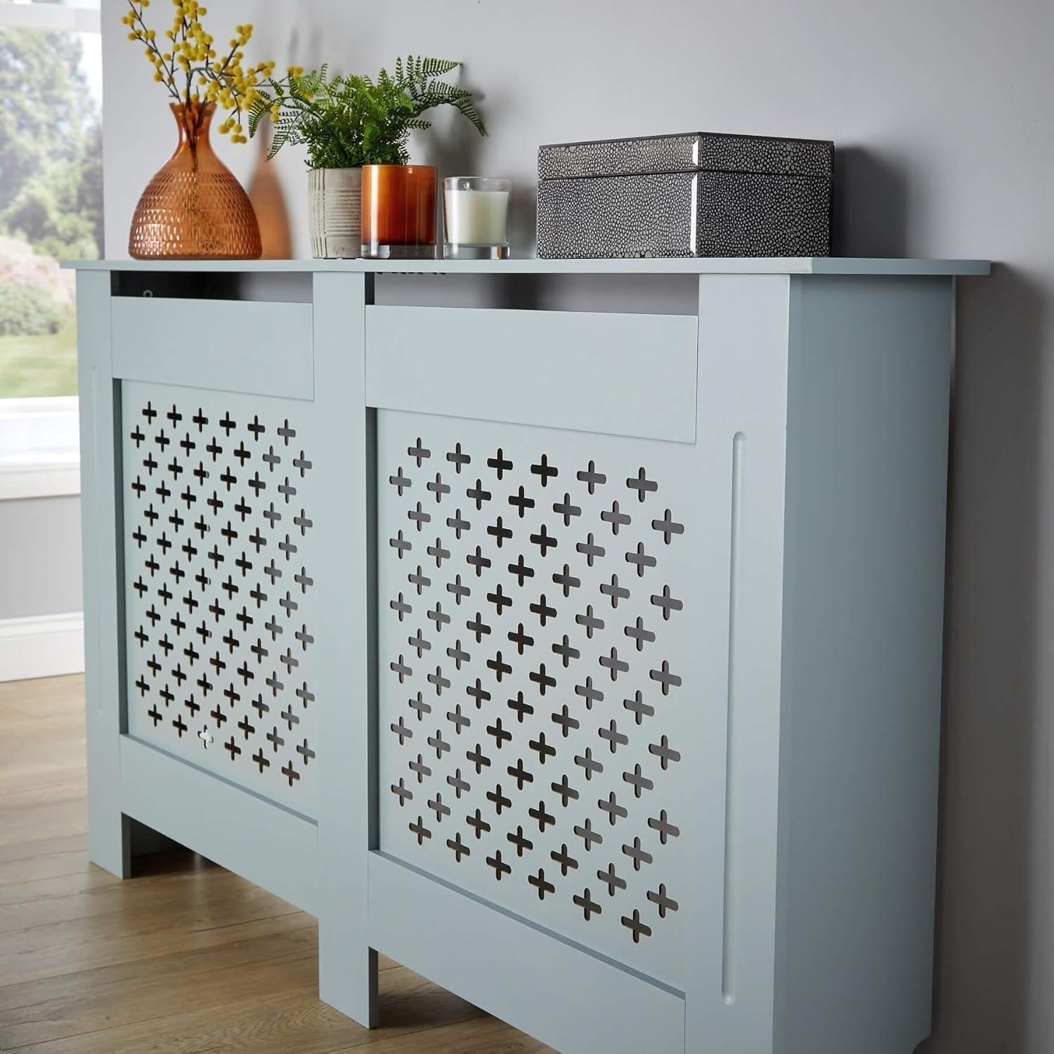 Modern Wooden Radiator Cover with Shelf, White Wall-Mounted Cabinet, Decorative Grill Vent, Medium Size for Home Office Living Room [Plus A Free Gift]