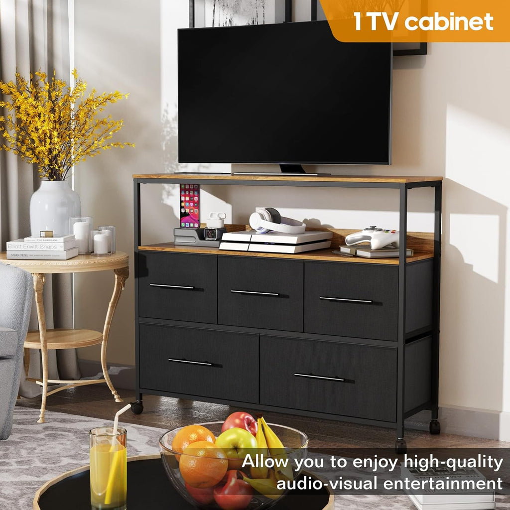 Chest of Drawers with Charging Station, Bedroom Dresser with 5 Fabric Drawers, TV Stand with Storage Shelf, 4 Castors and Metal Frame (Black)
