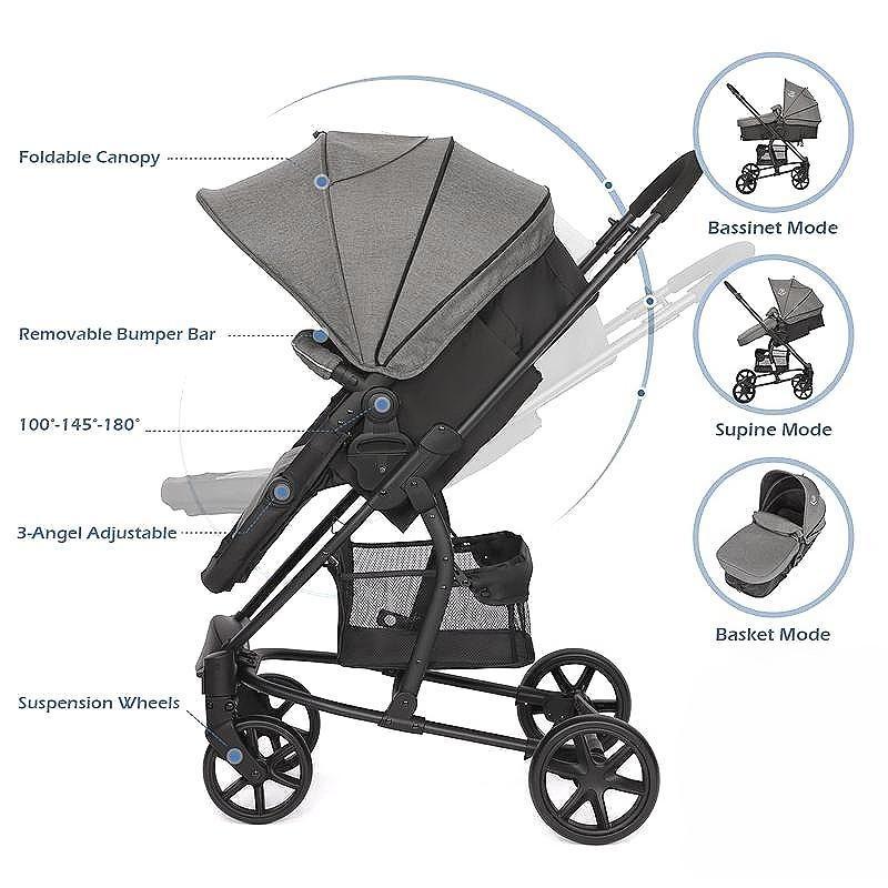 Pram 2-in-1 Travel System, Foldable Baby Pushchair with Reversible Seat, Reclinable Bassinet/Carrycot,Cover, Newborn To Toddler Stroller, Black & Grey