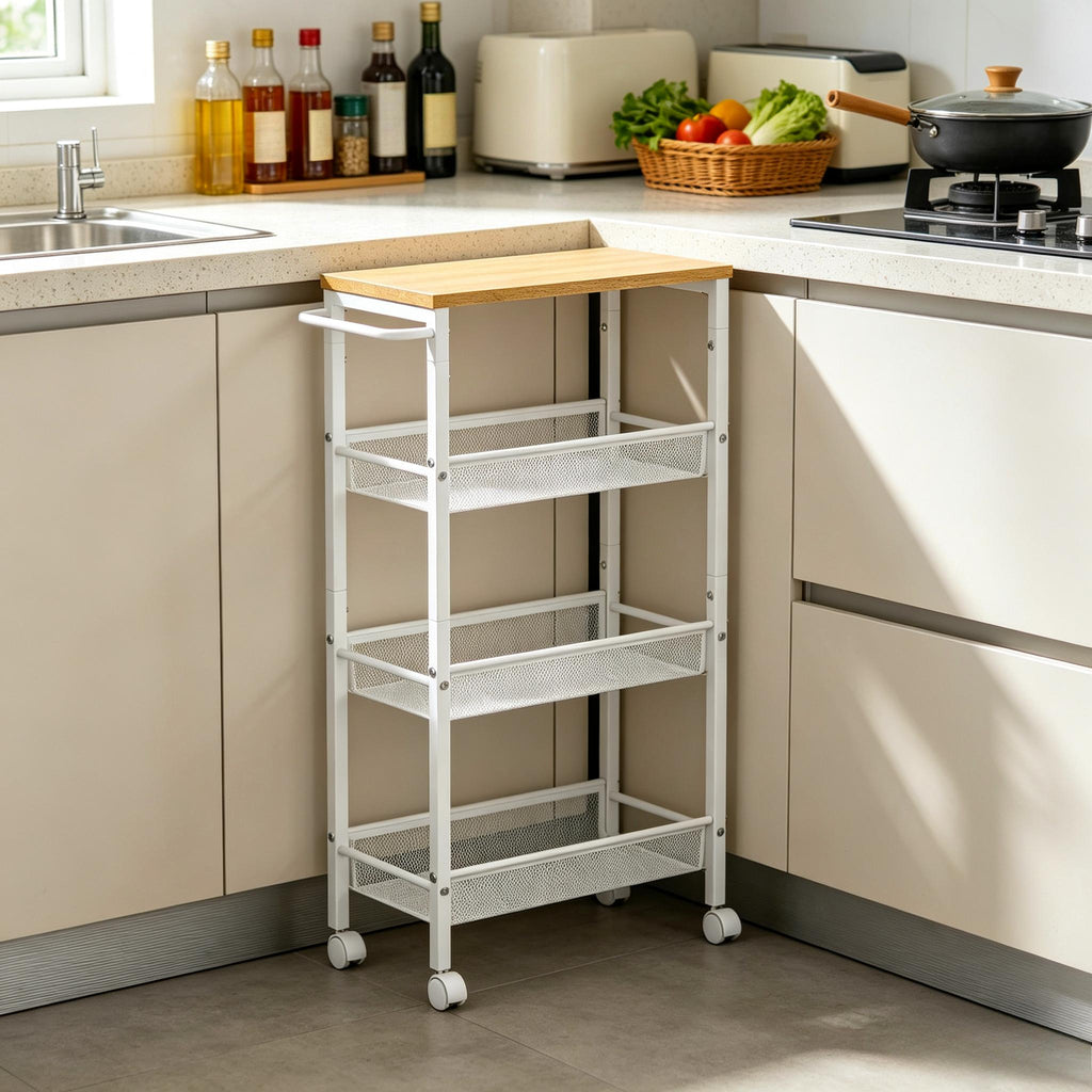 4‑Tier Slim Rolling Storage Trolley Cart, Space‑Saving Utility Organiser Rack with Wheels & Handle, Sturdy Steel Frame Storage Shelf for Small Spaces, Kitchen, Bathroom, Living Room, Studio Apartment