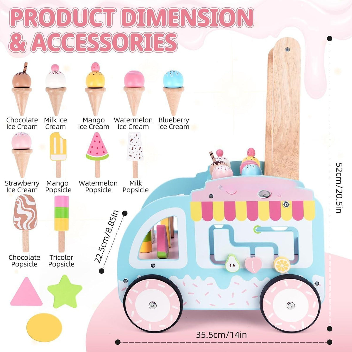 Multifunctional Wooden Ice Cream Shop Push Walker with Silent Wheels Pretend Play Store Activity Center Early Educational Walking Toy Improve Hand Eye Coordination for Toddler Kids 1 2 3 Years Old Girls Boys Ideal Birthday Holiday Present Free