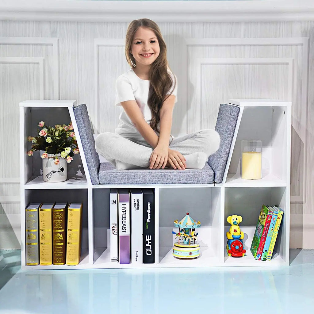 COSTWAY 6-Cube Kids Bookcase, Wooden Display Shelving Unit Organizer with Cushioned Reading Nook, Multi-Functional Storage Shelf Cabinet