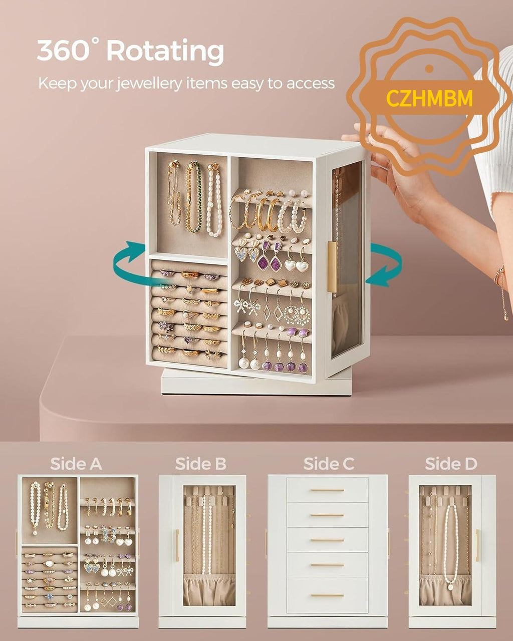 Luxury Cloud 360° Rotating Jewellery Box Organiser, Vertical Large Capacity Jewellery Display Case with 5 Drawers Transparent Window, Open Design Spacious Jewelry Storage Box, Elegant Gift for Women Girls Dresser Desktop Decor