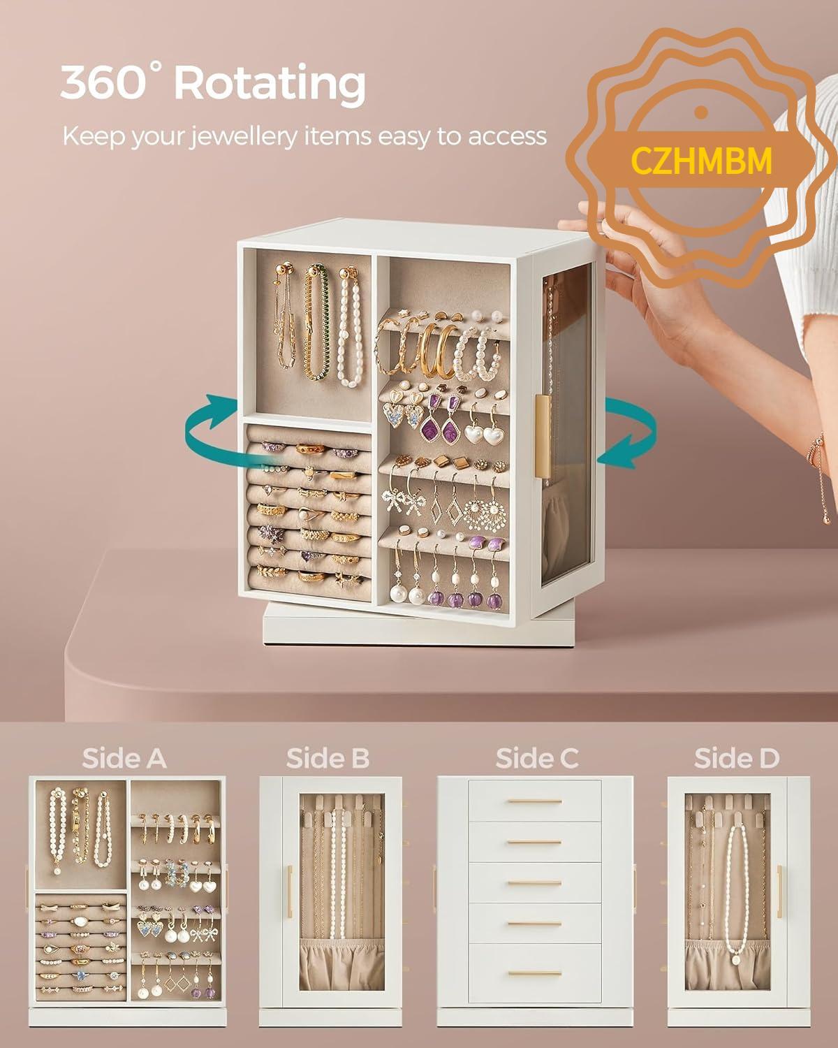 Luxury Cloud 360° Rotating Jewellery Box Organiser, Vertical Large Capacity Jewellery Display Case with 5 Drawers Transparent Window, Open Design Spacious Jewelry Storage Box, Elegant Gift for Women Girls Dresser Desktop Decor