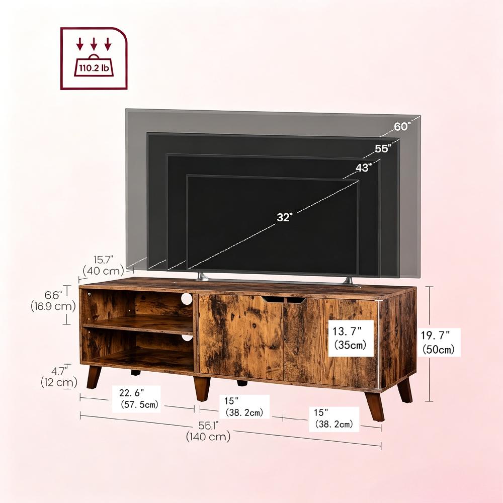 140cm TV Cabinet with 2 Doors and Adjustable Shelves, Media Console for TVs up to 60 Inches, Entertainment Stand for Living Room, Dining Room, Bedroom [Plus A Free Gift]