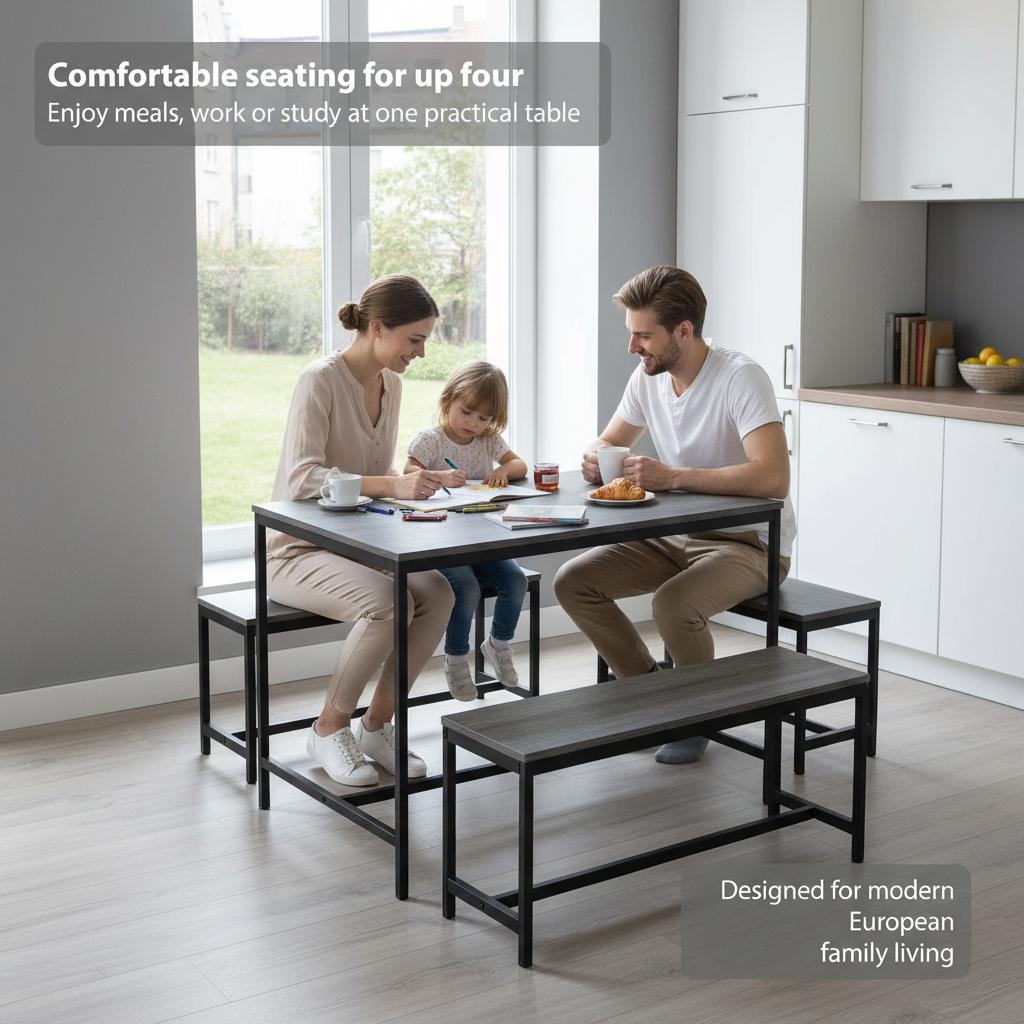 4 Seater Dining Set | Dark Wood | 3 Piece Dining Room Complete Set | 75H x 110W x 70D cm | with 2 Benches | Rustic | Solid Metal Frame | Industrial Design