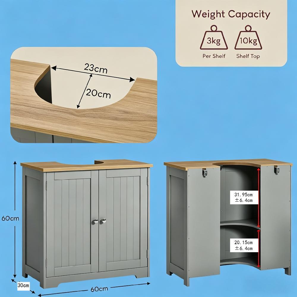 Grey Freestanding 2-Door Under-Sink Cabinet, Space-Saving Storage with Adjustable Shelves, Anti-Tip Kit & Sink Cut-Out, Modern Small Bathroom Unit, H60 x W60 x D30 cm [Plus A Free Gift]