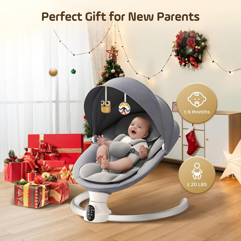 Electric Baby Swing for Infant, Upgraded 5 Point Harness Baby Bouncer Chair with 5 Swing Speeds 3 Timers and 10 Music, APP/Remote/IMD Panel Control Newborn Toddler Swing Chair (Light Grey)