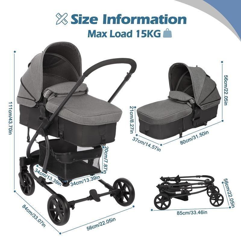 Pram 2-in-1 Travel System, Foldable Baby Pushchair with Reversible Seat, Reclinable Bassinet/Carrycot,Cover, Newborn To Toddler Stroller, Black & Grey