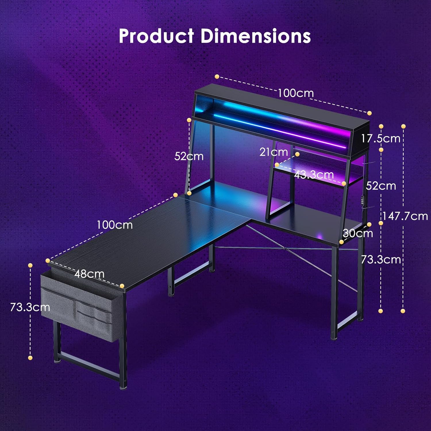 L Shaped Gaming Desk with Led Lights,  Reversible Corner Computer Desk with Display Shelves, PC Gaming Table with Storage Bag Black