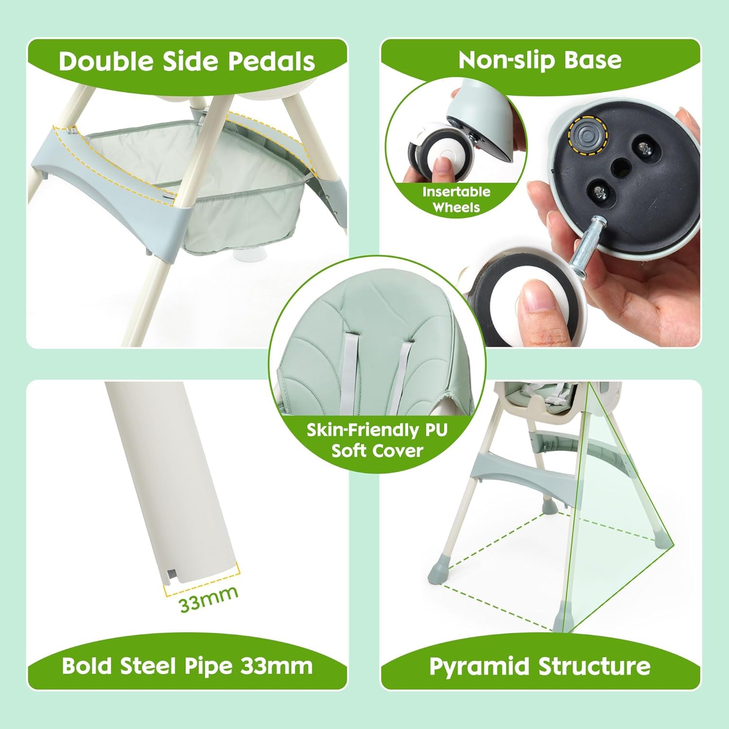 5 in 1 Convertible Baby High Chair, Foldable Portable Infant Chair with Adjustable Height and 3 Position Reclining Backrest, Sturdy Travel Friendly Toddler Seat [Plus A Free Gift]