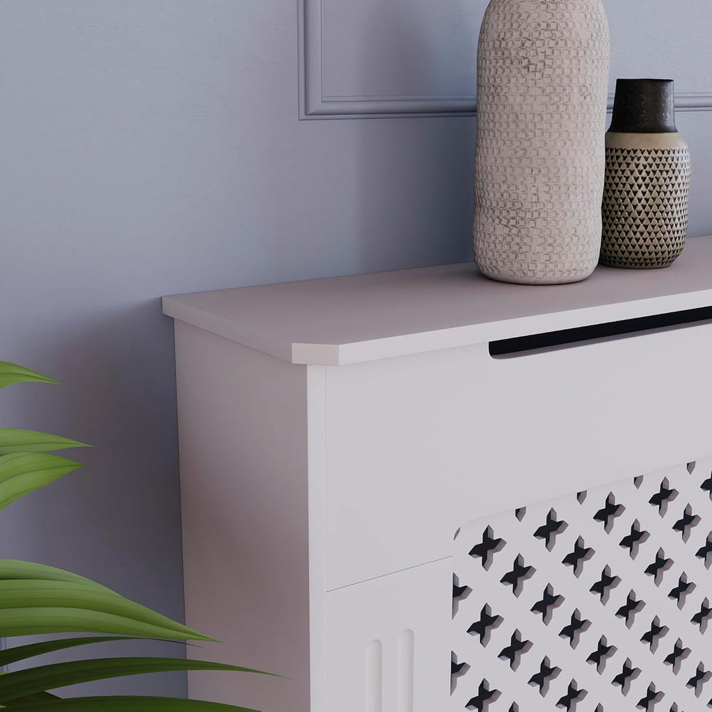 Modern MDF Radiator Cover Small White 82x78x19cm, Traditional Cross Pattern Painted Cabinet with Heat Circulation Grill for Living Room Hallway [Plus A Free Gift]