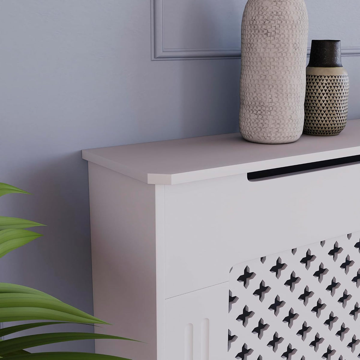 Modern MDF Radiator Cover Small White 82x78x19cm, Traditional Cross Pattern Painted Cabinet with Heat Circulation Grill for Living Room Hallway [Plus A Free Gift]