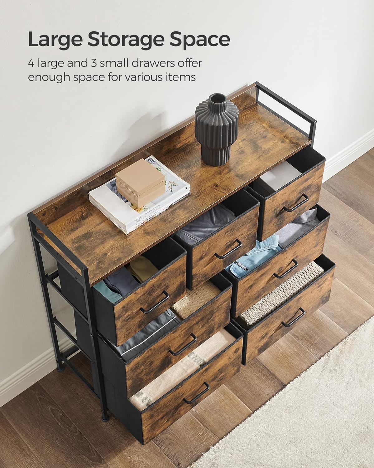 7-Drawer Fabric Chest of Drawers, Storage Organizer with Wooden Top, Sturdy Metal Frame & Soft Handles, Easy Assembly Multi-Purpose Cabinet for Bedroom, Entryway, Hallway, Kids Room, Nursery & Living Room