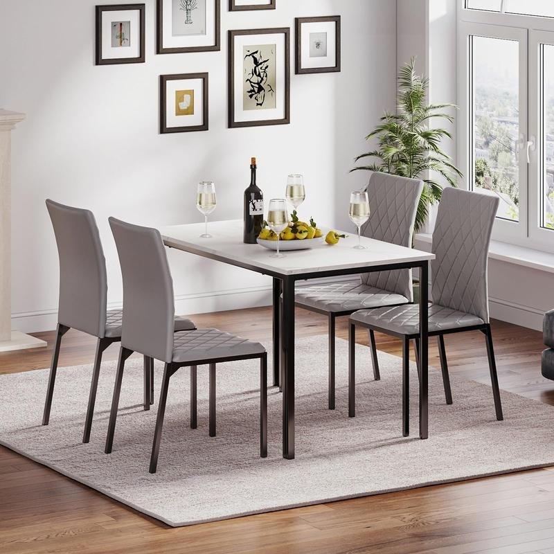 Modern Marble Effect Dining Table Set with PU Leather Chairs, 120x70cm Kitchen Furniture for Home & Apartment [Plus A Free Gift]
