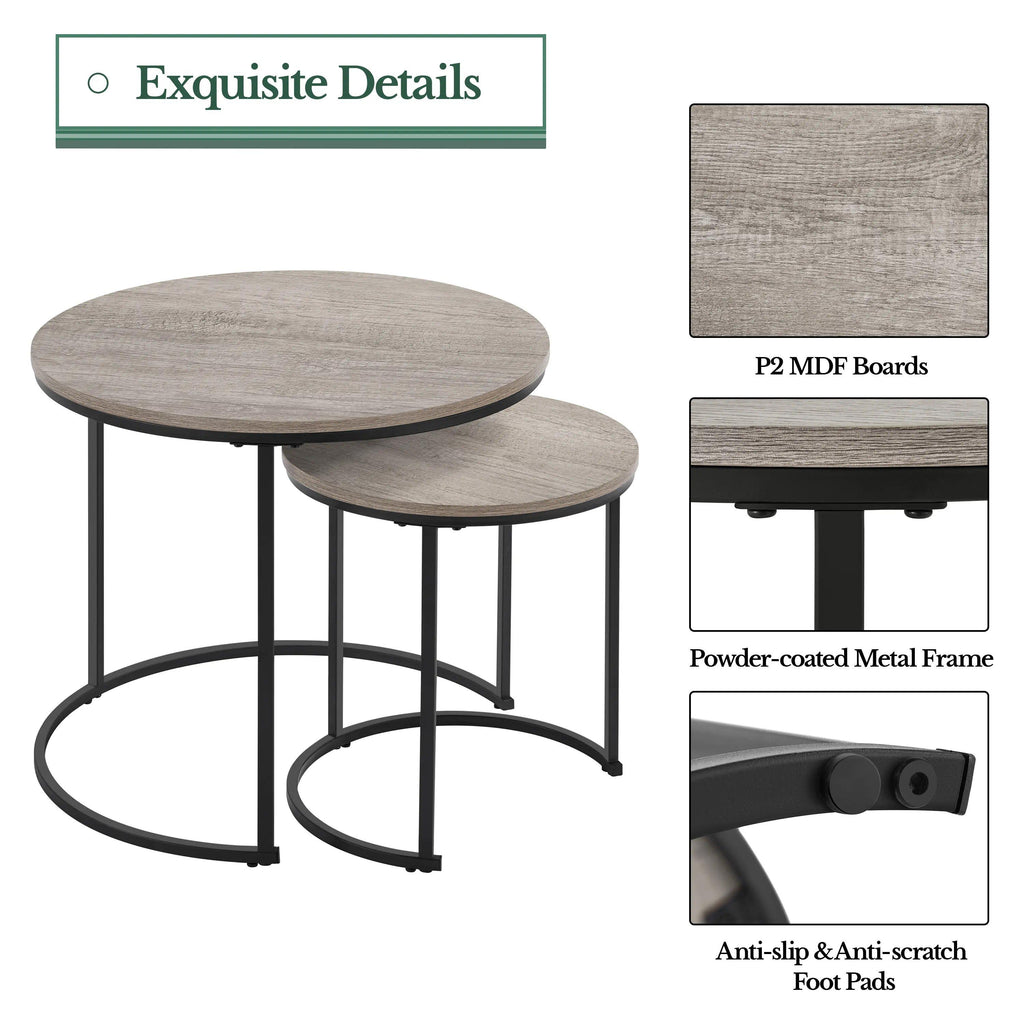 Grey Round Nesting Coffee Tables Set of 2, Faux Wood Grain Top, Scratch & Water Resistant, Sturdy Iron Frame, 40kg Load Capacity, Space-Saving Design for Living Room [Plus A Free Gift]