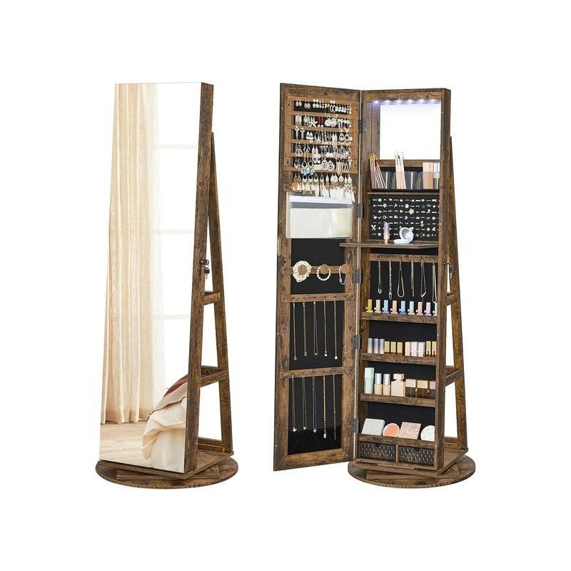 LED Full-Length Mirror Jewelry Cabinet, 360° Rotating Storage, Lockable Display Cabinet, Frameless Floor Standing Mirror, Rotatable Organizer with Shelves [Plus A Free Gift]