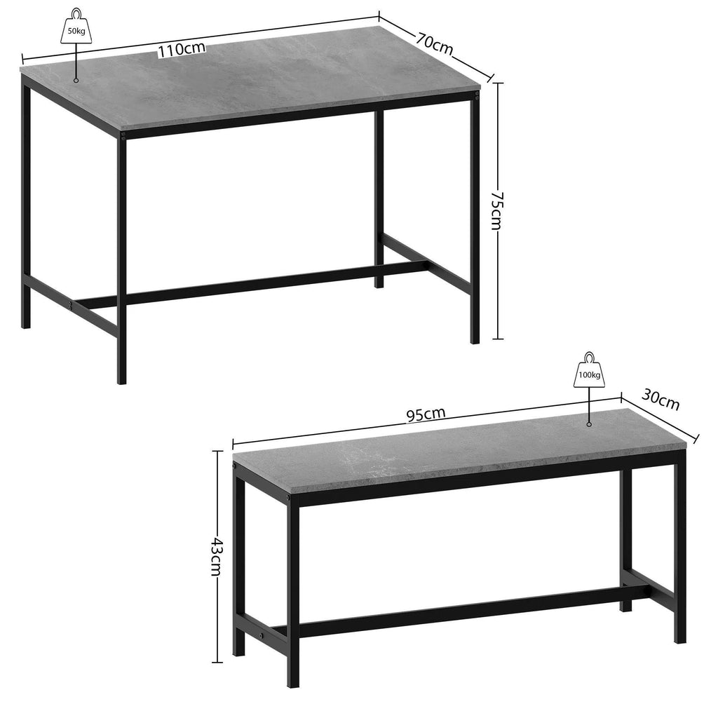 Industrial 3‑Piece Dining Table & Bench Set, 4‑Seater Space‑Saving Kitchen Dining Furniture, Heavy‑Duty Powder‑Coated Metal Frame & Durable MDF Tabletop for Dining Room, Small Apartment