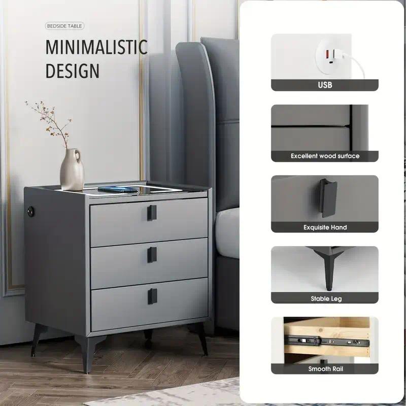 Smart Bedside Table with 3 Drawers, Wireless Charging, LED Touch Light, PU Leather Finish – Modern Nightstand for Bedroom, Living Room, or Home Office [Plus A Free Gift]