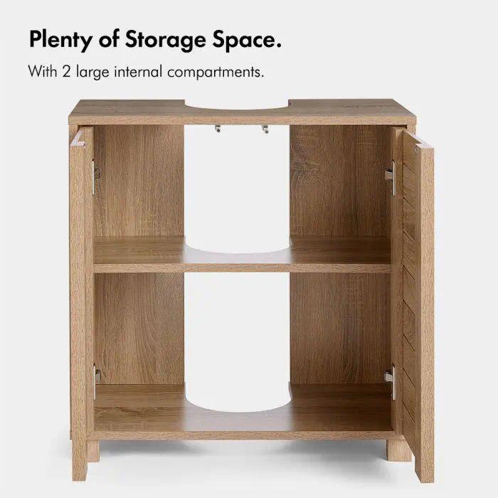 `Freestanding Under‑Sink Bathroom Cabinet, Oak Wood‑Effect Handleless Storage Cupboard with 2 Adjustable Inner Shelves, Multi‑Purpose Below Sink Organizer for Bathroom Vanity`