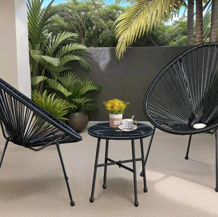 3-Piece Egg Chair Lounge Set, Ergonomic Woven String Patio Chair with Tall Enveloping Backrest, Sturdy Steel Frame & Tempered Glass Side Table, Waterproof PE Outdoor Indoor Furniture for Garden Patio Conservatory, Black