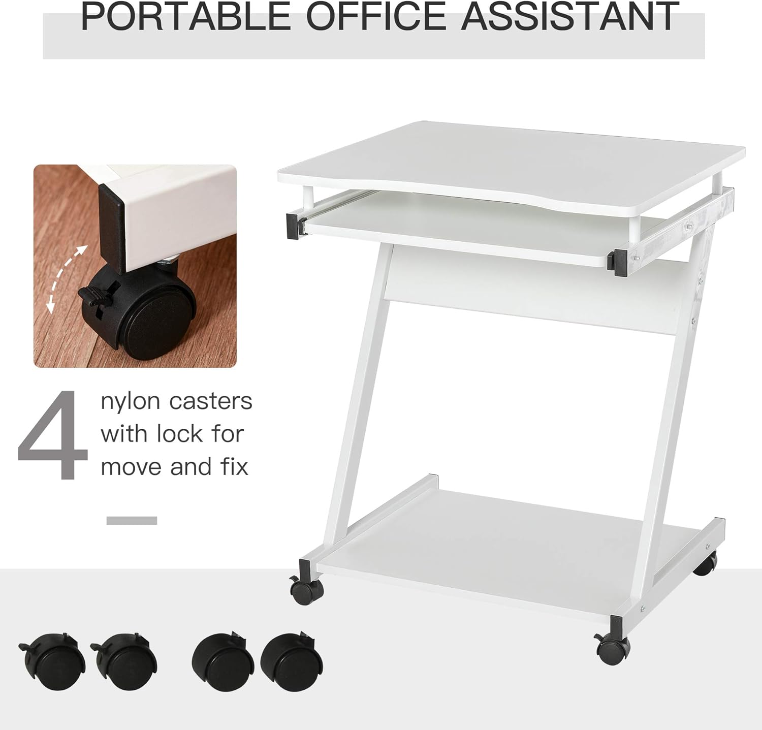 Movable Computer Desk with 4 Moving Wheels Sliding Keyboard Tray Home Office Workstation White